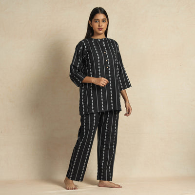 Black Jacquard Cotton Top & Pyjama Night Suit Set