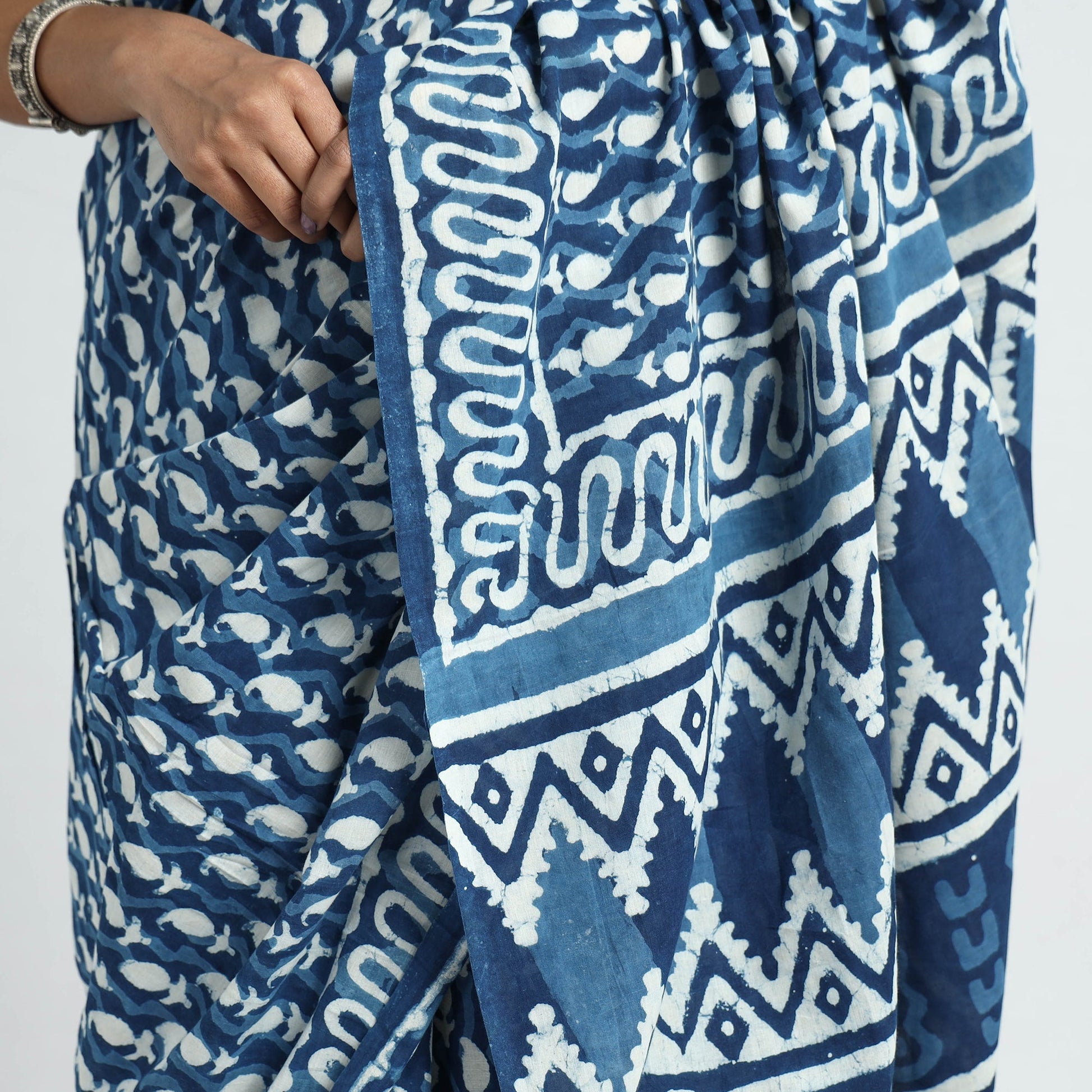 Blue - Bagru Dabu Block Printed Mul Cotton Saree