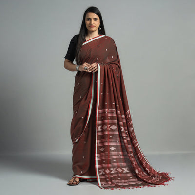 Brown - Handloom Cotton Phulia Jamdani Saree with Tassels