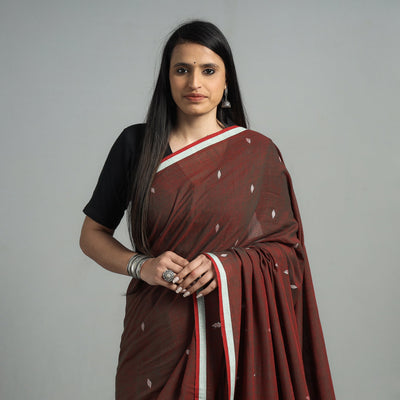 Brown - Handloom Cotton Phulia Jamdani Saree with Tassels