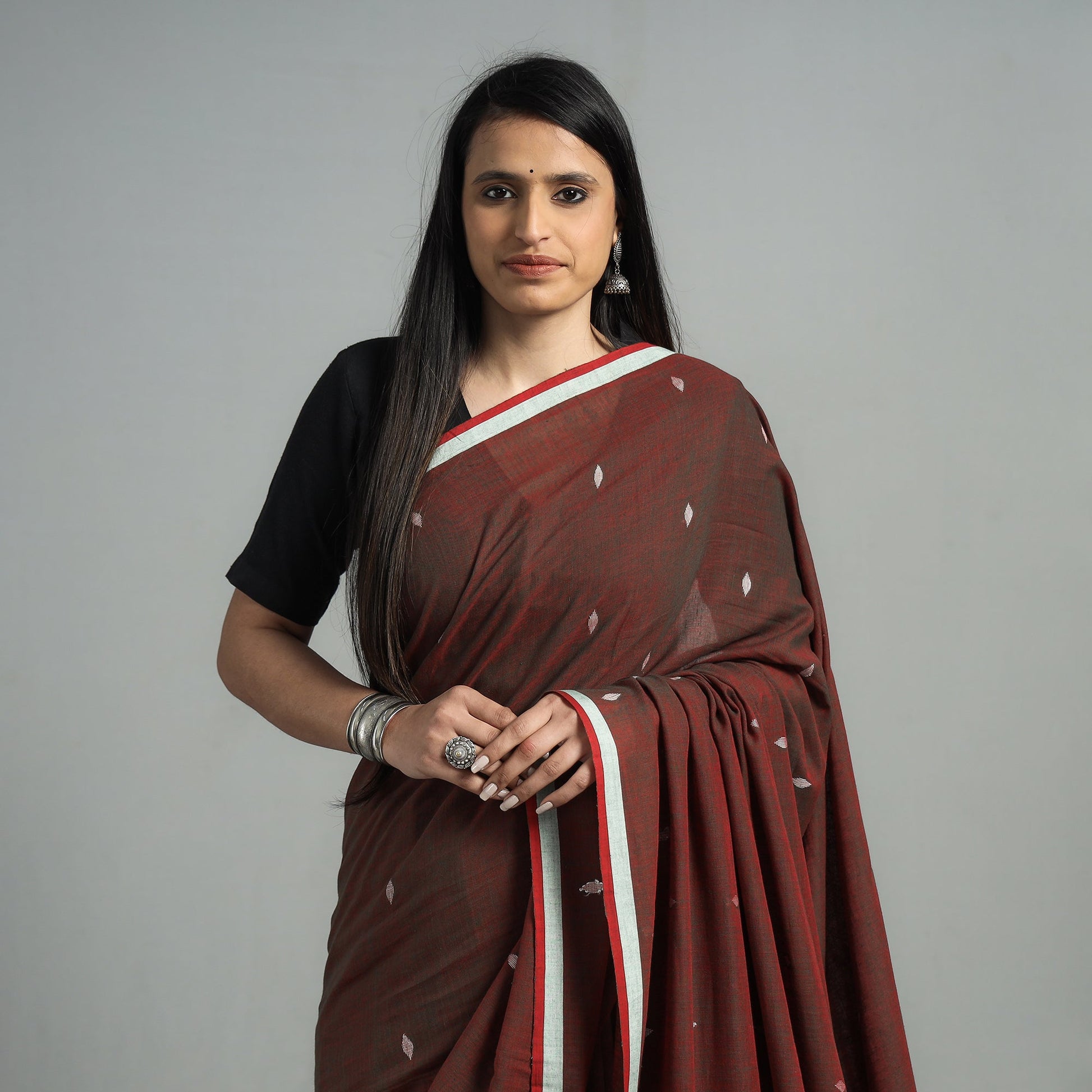 Brown - Handloom Cotton Phulia Jamdani Saree with Tassels