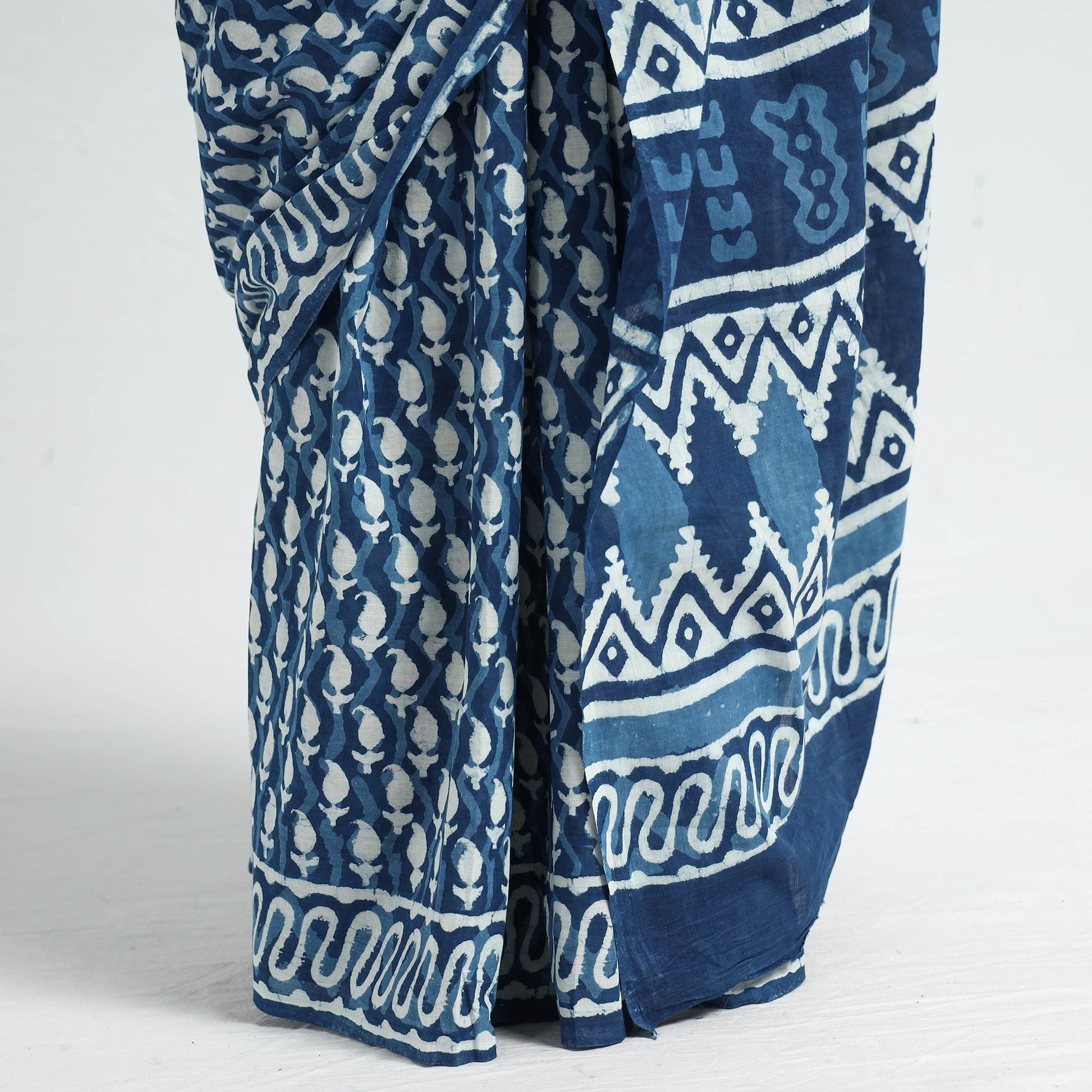 Blue - Bagru Dabu Block Printed Mul Cotton Saree