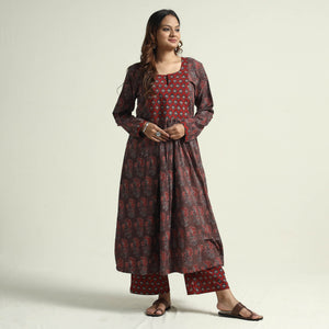 Brown - Block Print Cotton Flared Ajrakh Kurta with Palazzo Set