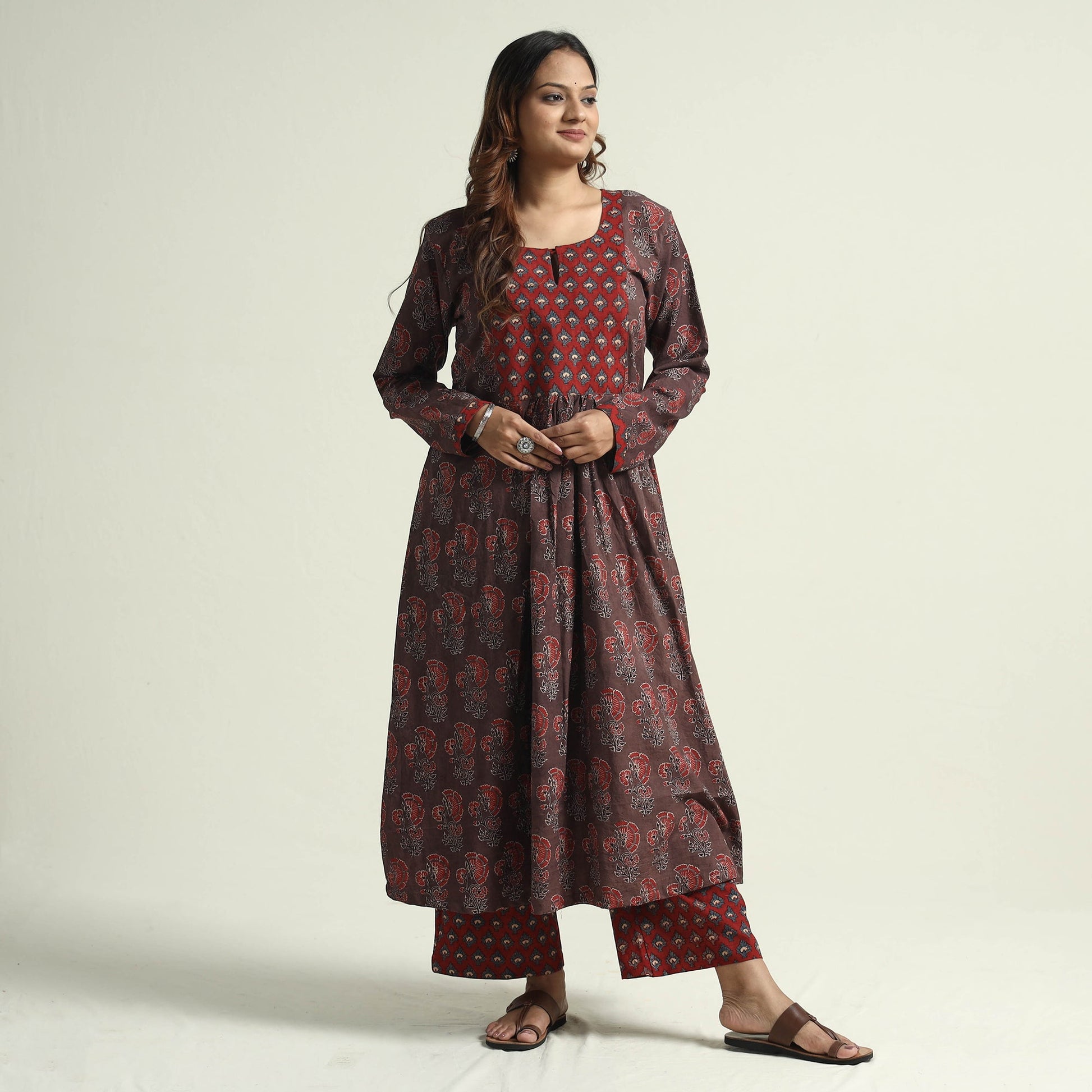 Brown - Block Print Cotton Flared Ajrakh Kurta with Palazzo Set