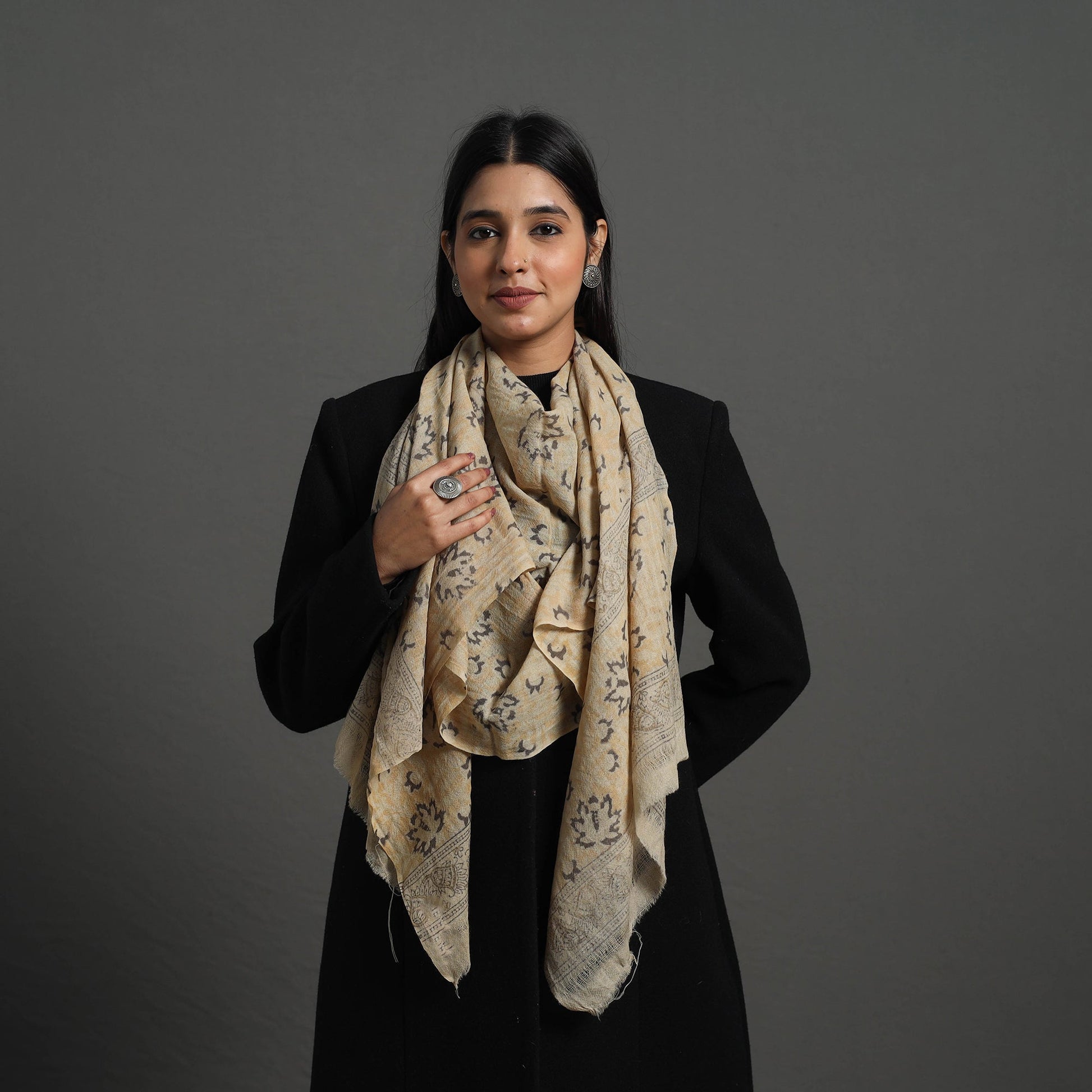 Beige - Block Print Pedana Kalamkari Wool Stole 18