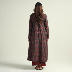 Brown - Block Print Cotton Flared Ajrakh Kurta with Palazzo Set