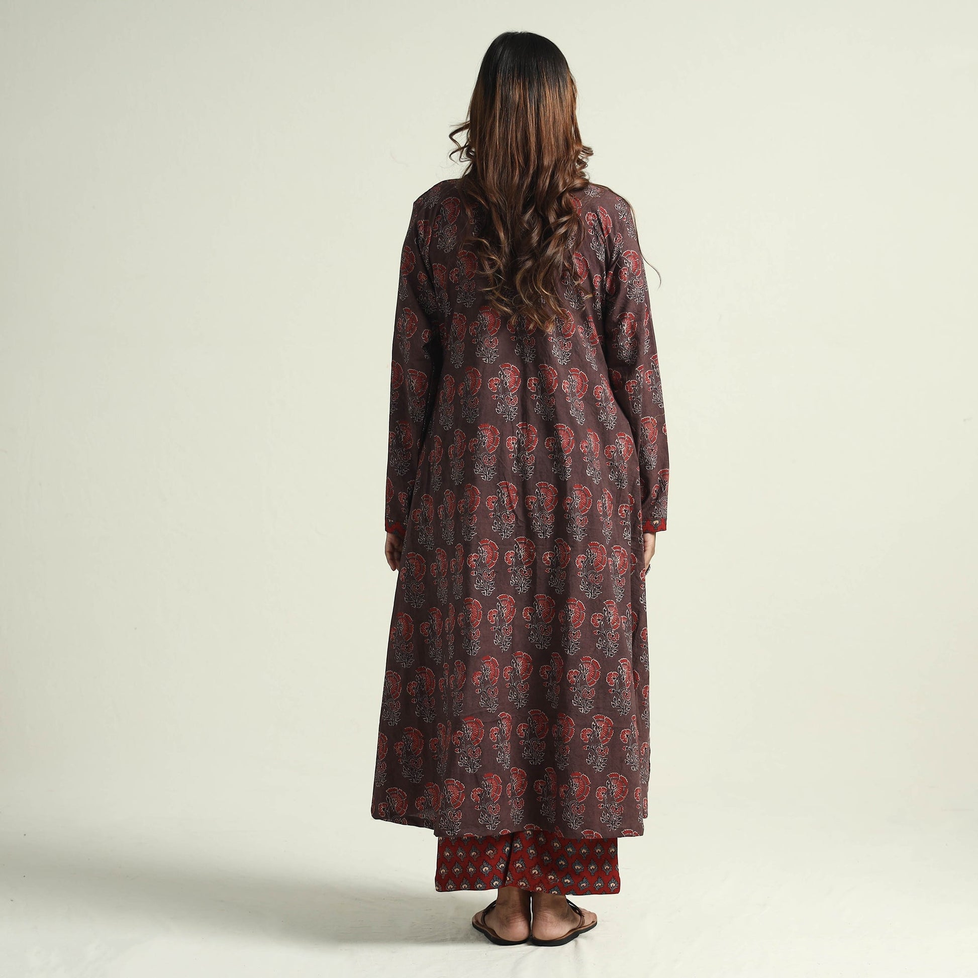 Brown - Block Print Cotton Flared Ajrakh Kurta with Palazzo Set