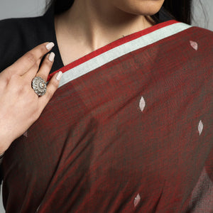 Brown - Handloom Cotton Phulia Jamdani Saree with Tassels