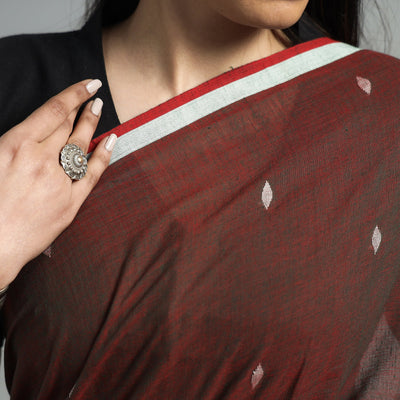 Brown - Handloom Cotton Phulia Jamdani Saree with Tassels