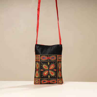 Black - Kutch Ahir Embroidery Mashru Silk Sling Bag
