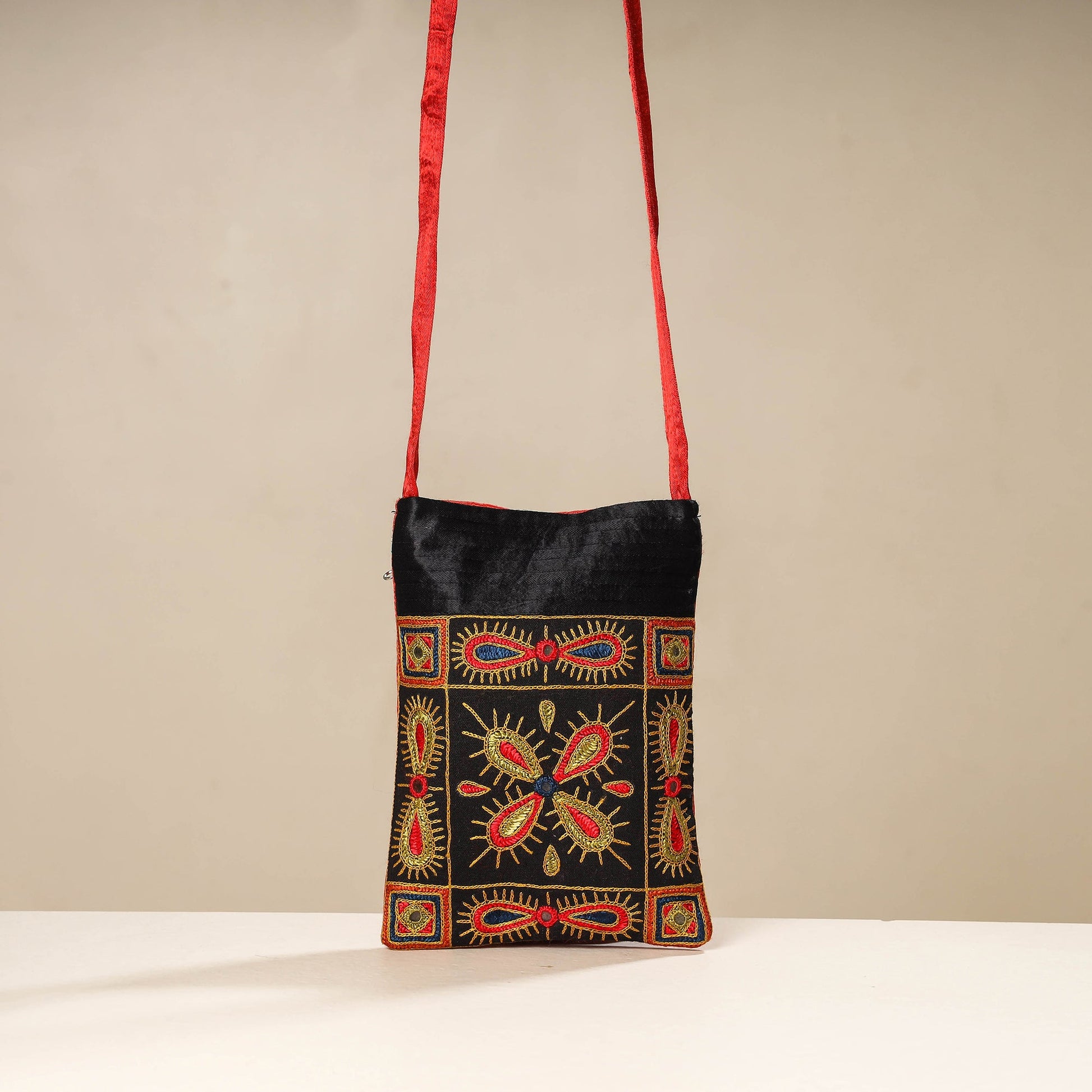 Black - Kutch Ahir Embroidery Mashru Silk Sling Bag