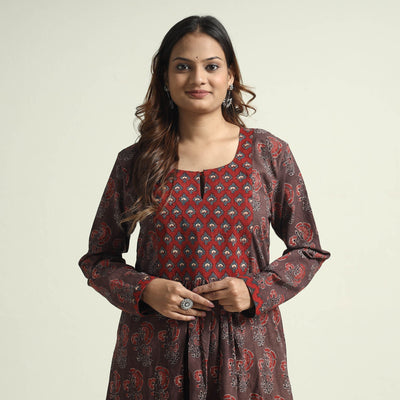 Brown - Block Print Cotton Flared Ajrakh Kurta with Palazzo Set