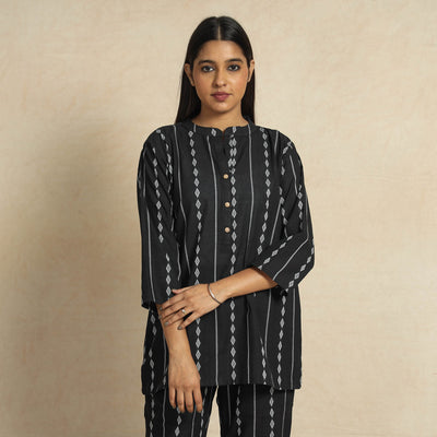 Black Jacquard Cotton Top & Pyjama Night Suit Set