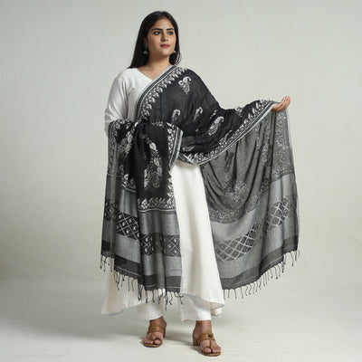 Black - Bengal Kantha Embroidery Cotton Handloom Dupatta 117