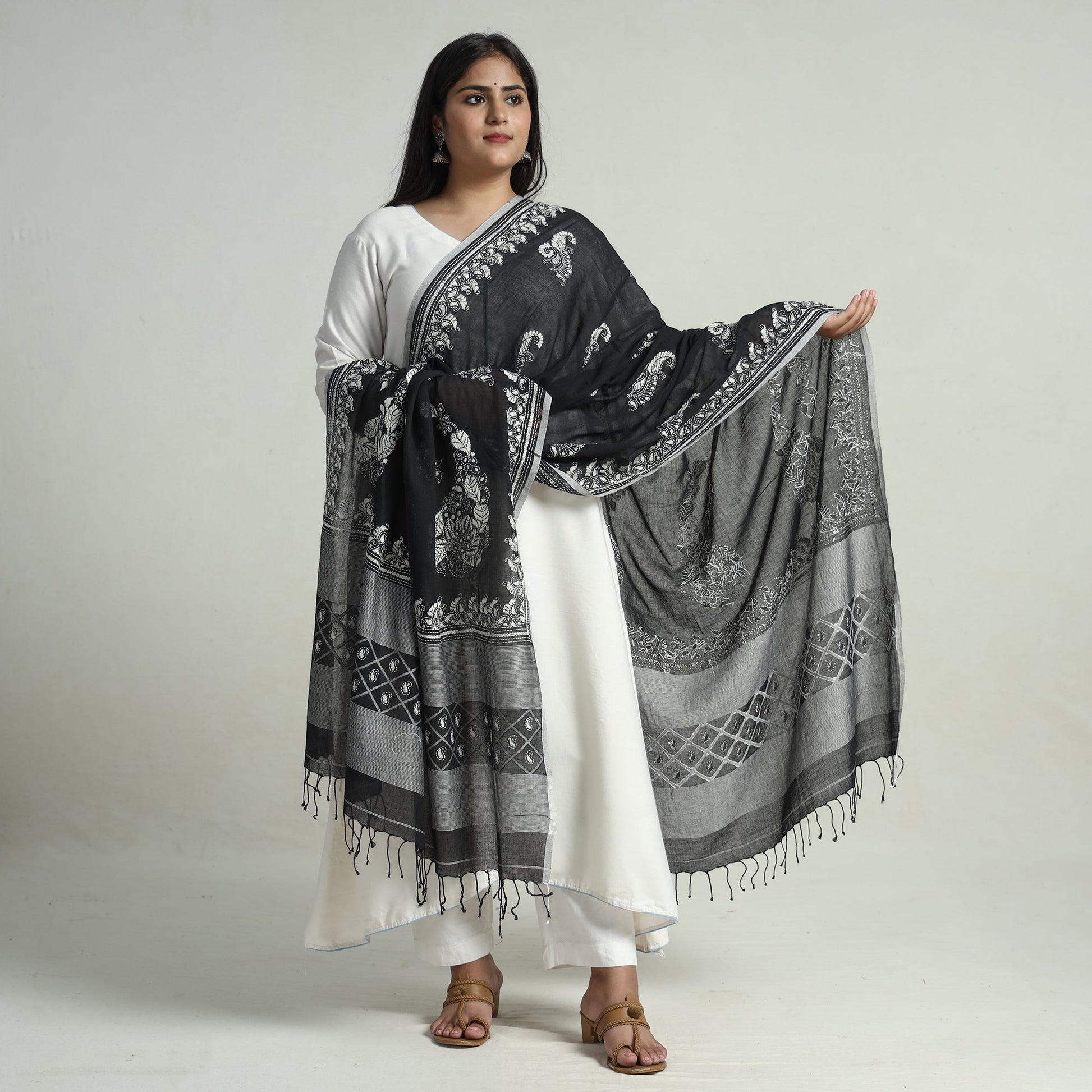 Black - Bengal Kantha Embroidery Cotton Handloom Dupatta 117