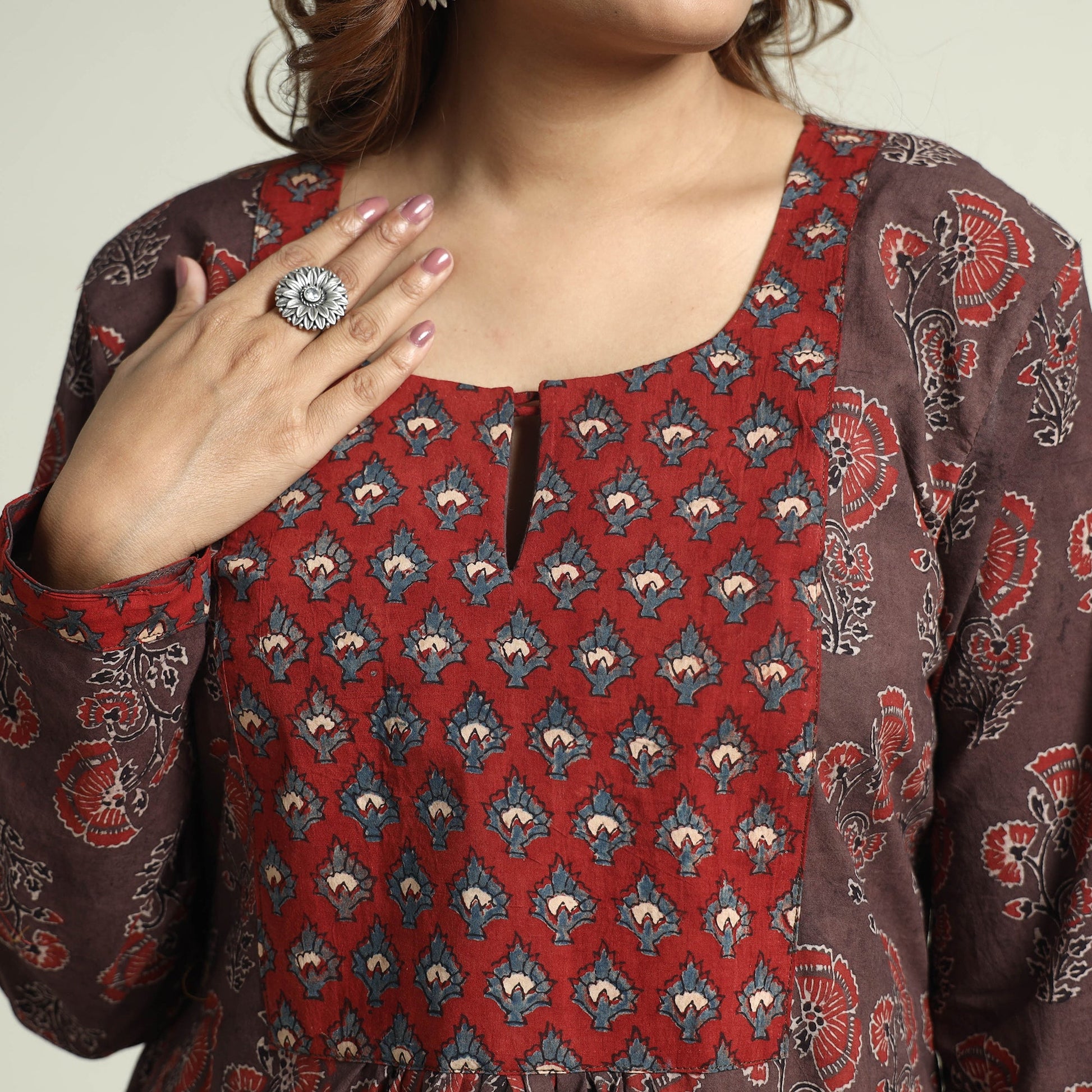 Brown - Block Print Cotton Flared Ajrakh Kurta with Palazzo Set