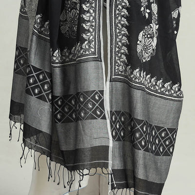 Black - Bengal Kantha Embroidery Cotton Handloom Dupatta 117