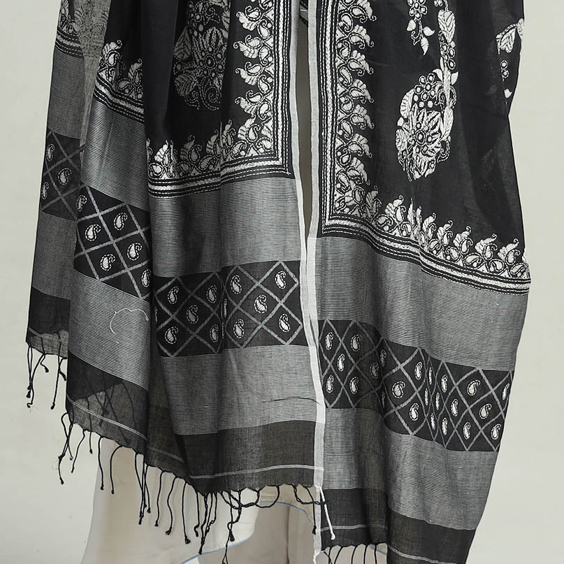 Black - Bengal Kantha Embroidery Cotton Handloom Dupatta 117