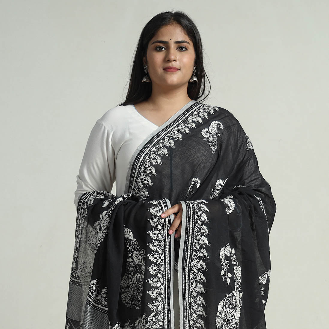 Black - Bengal Kantha Embroidery Cotton Handloom Dupatta 117