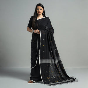 Black - Handloom Cotton Phulia Jamdani Saree with Tassels