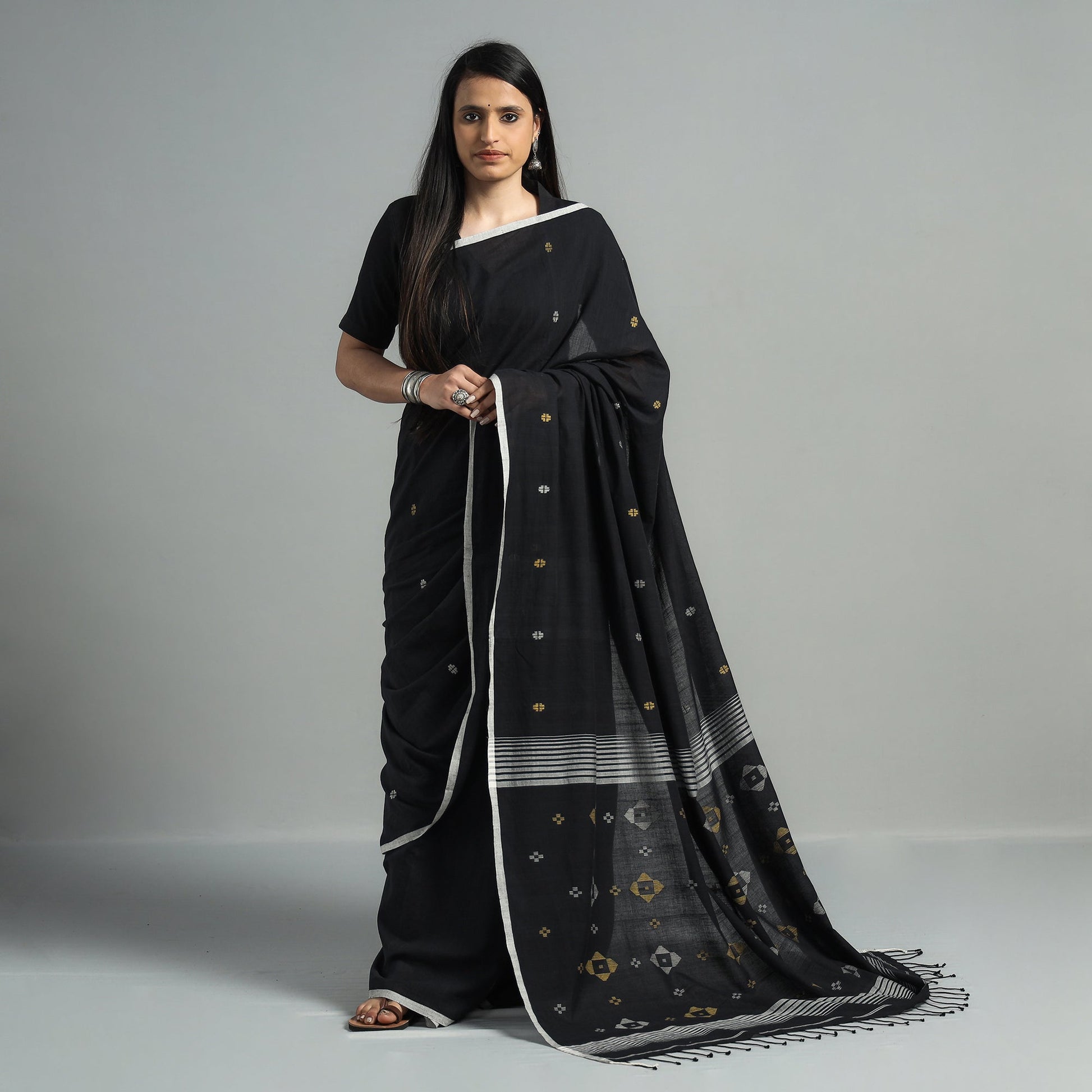 Black - Handloom Cotton Phulia Jamdani Saree with Tassels