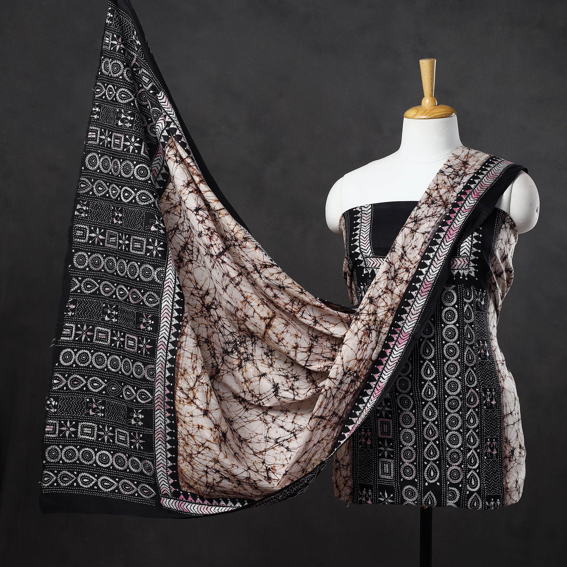 Brown - 3pc Kantha Embroidery Cotton Batik Print Dress Material 17