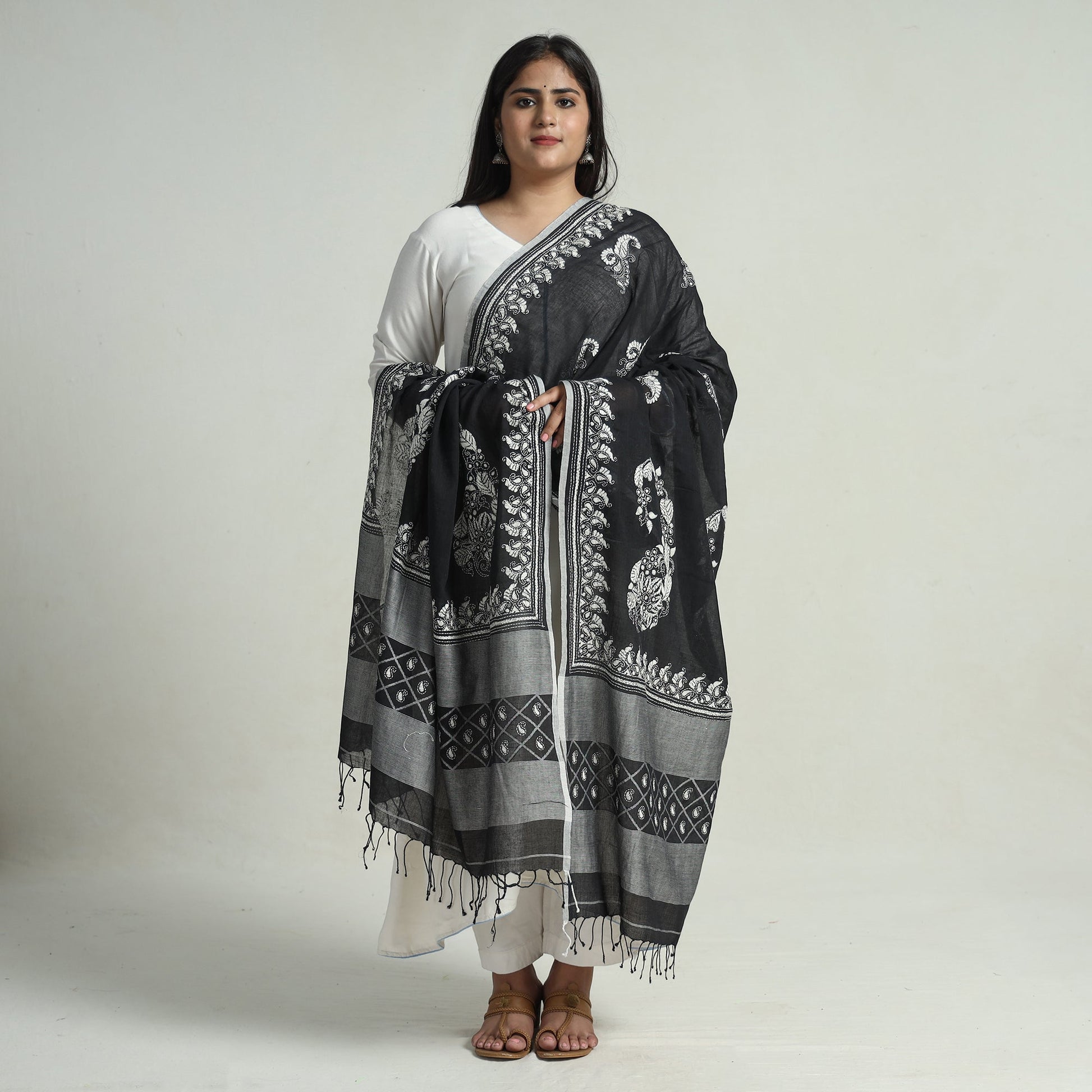 Black - Bengal Kantha Embroidery Cotton Handloom Dupatta 117