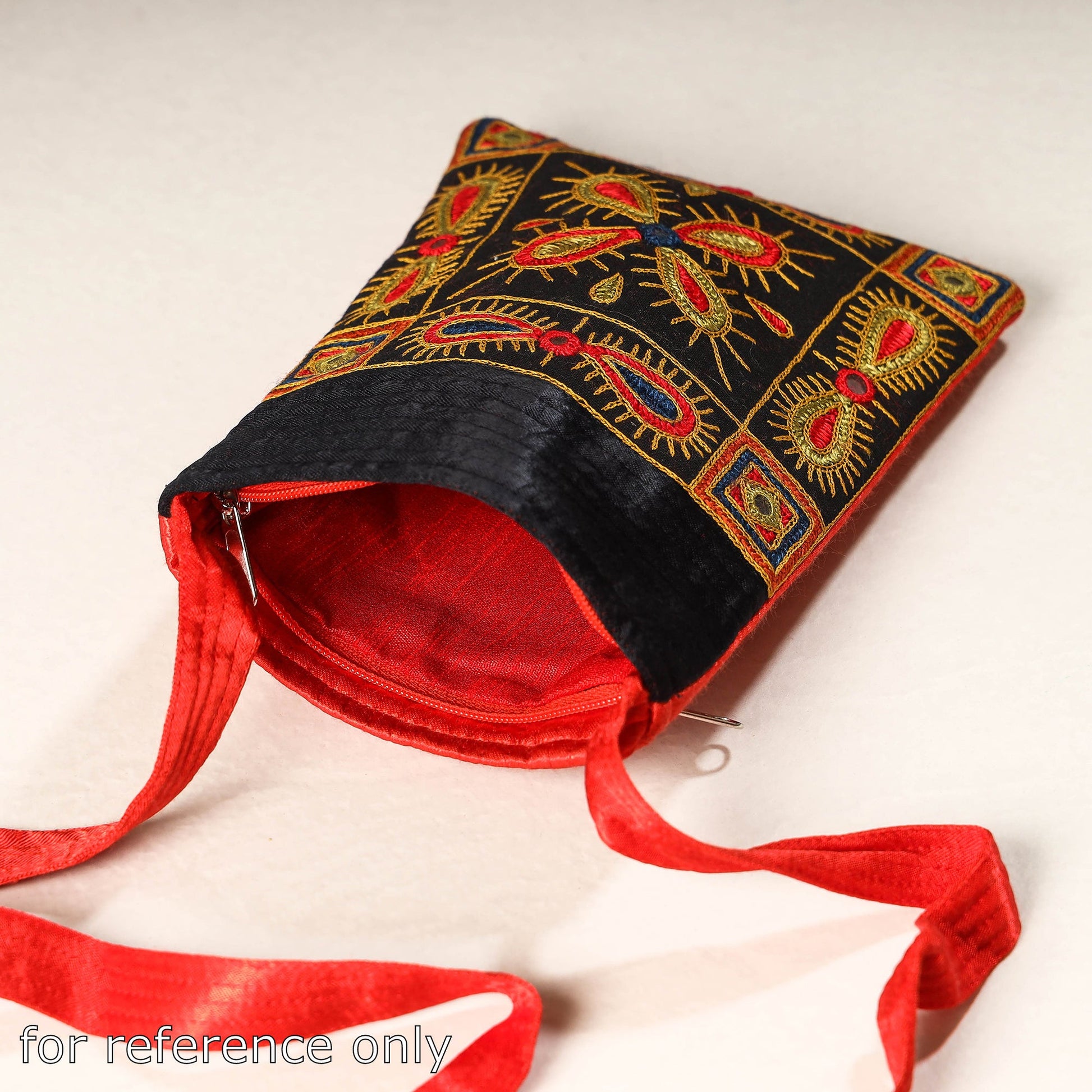 Black - Kutch Ahir Embroidery Mashru Silk Sling Bag