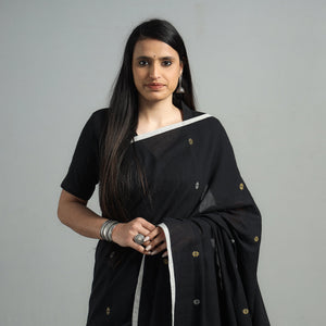 Black - Handloom Cotton Phulia Jamdani Saree with Tassels