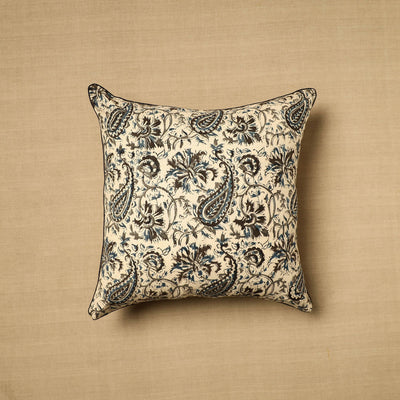Beige - Block Print Cotton Kalamkari Cushion Cover (16 x 16 in) 11