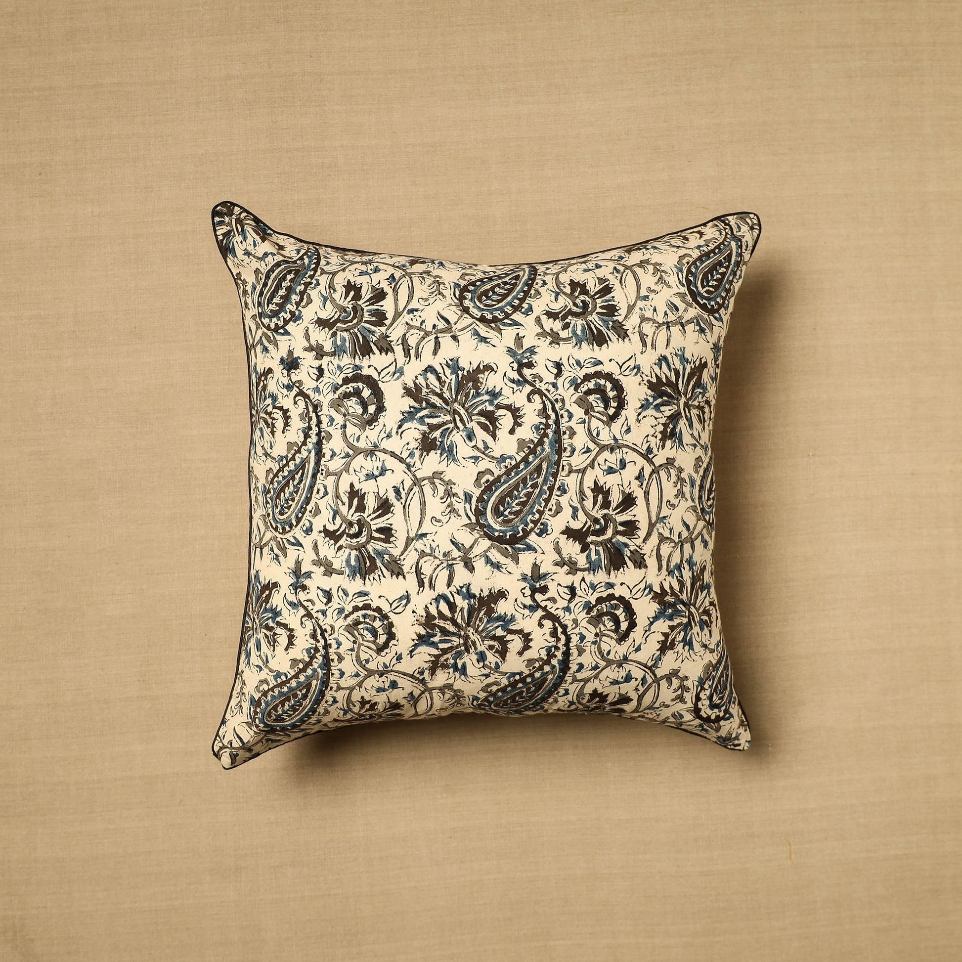Beige - Block Print Cotton Kalamkari Cushion Cover (16 x 16 in) 11