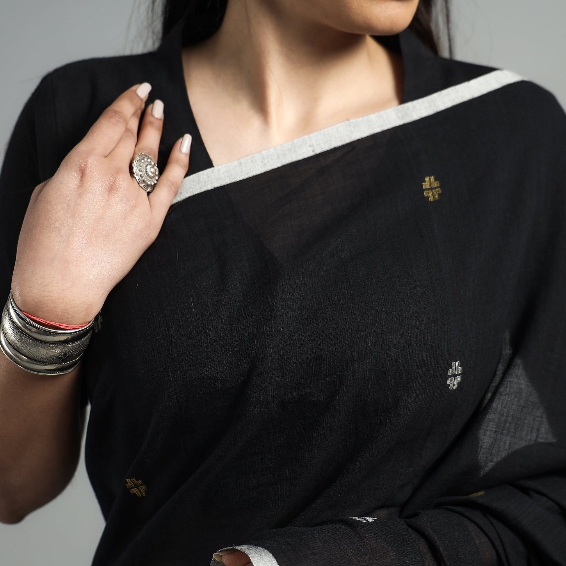 Black - Handloom Cotton Phulia Jamdani Saree with Tassels