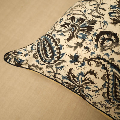 Beige - Block Print Cotton Kalamkari Cushion Cover (16 x 16 in) 11