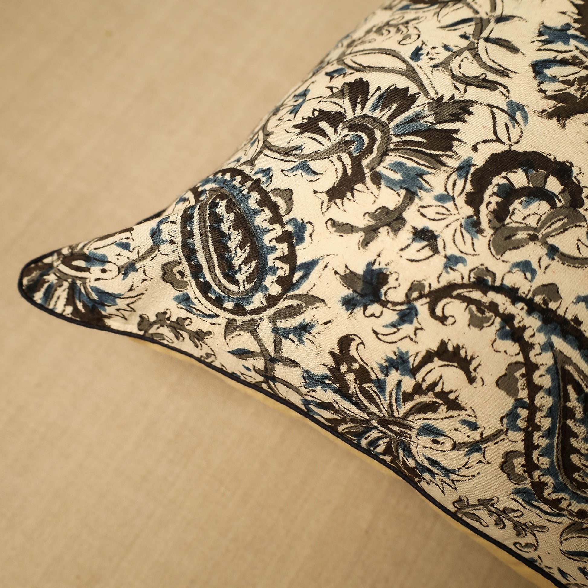 Beige - Block Print Cotton Kalamkari Cushion Cover (16 x 16 in) 11