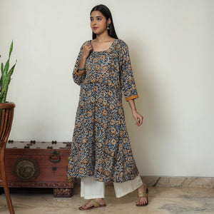 Black - Hand Block Print Cotton A-Line Kalamkari Kurta 18