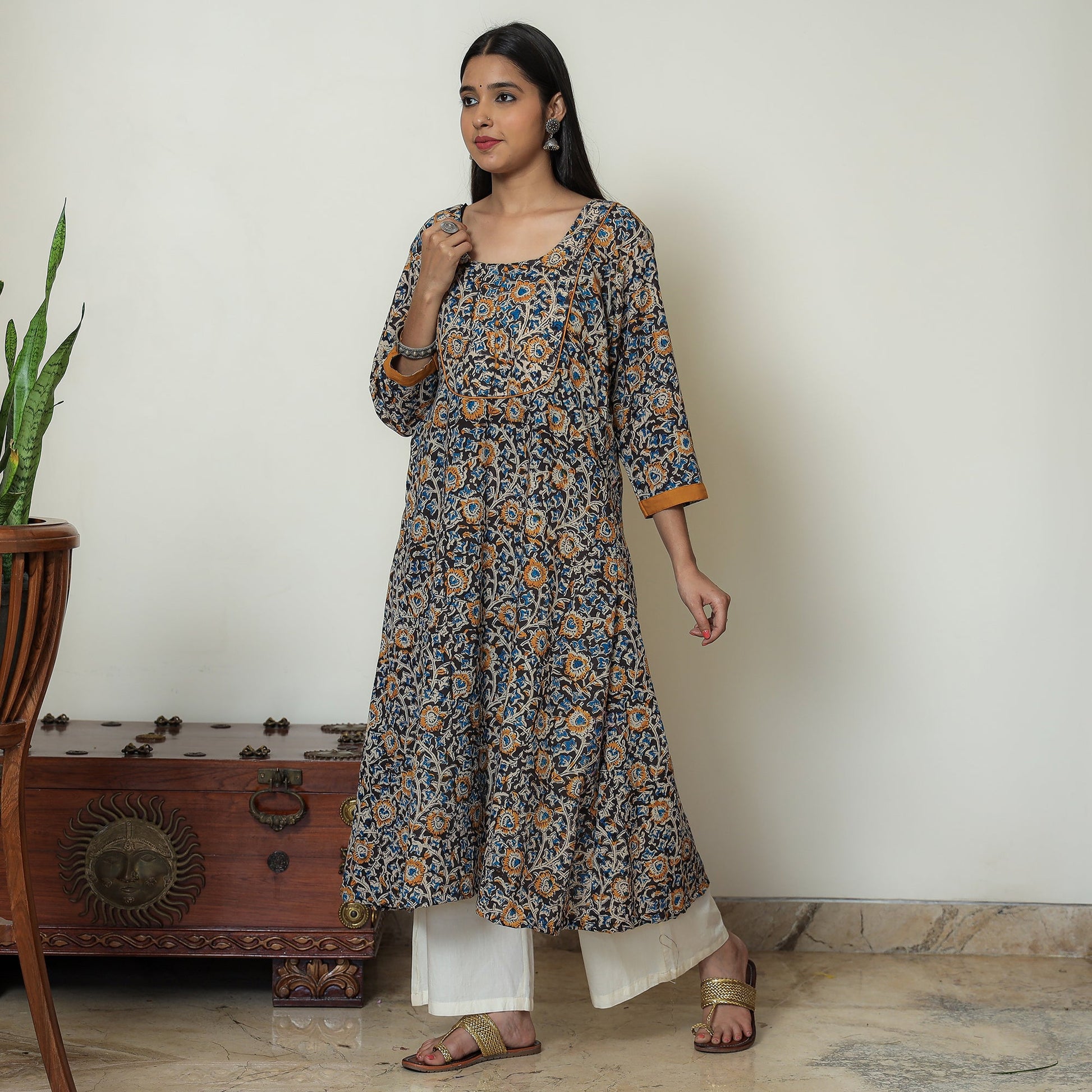 Black - Hand Block Print Cotton A-Line Kalamkari Kurta 18
