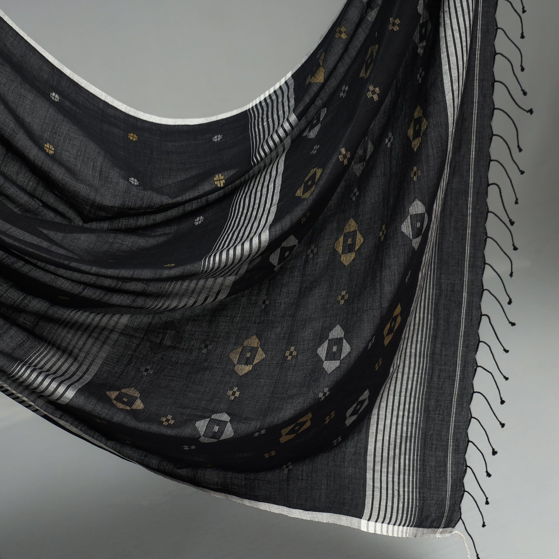 Black - Handloom Cotton Phulia Jamdani Saree with Tassels