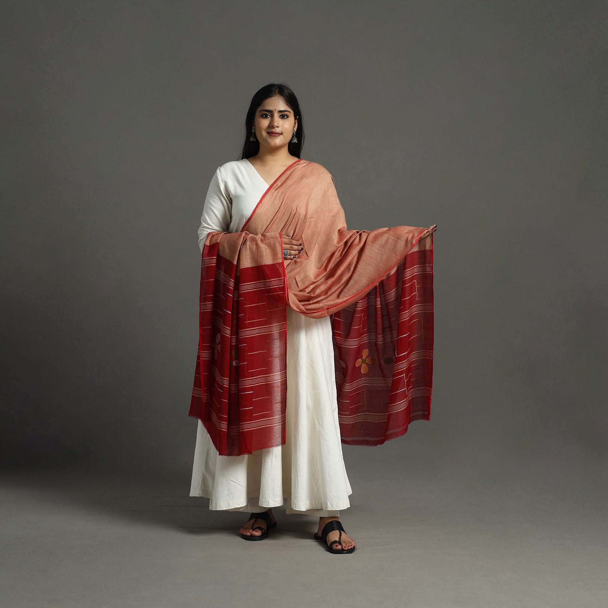 Brown - Handspun Handloom Cotton Jamdani Dupatta 33