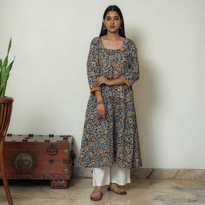 Black - Hand Block Print Cotton A-Line Kalamkari Kurta 18
