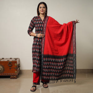 Black - Pochampally Ikat Weave Cotton Kurta with Palazzo & Dupatta Set 12