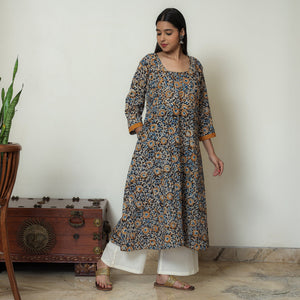 Black - Hand Block Print Cotton A-Line Kalamkari Kurta 18