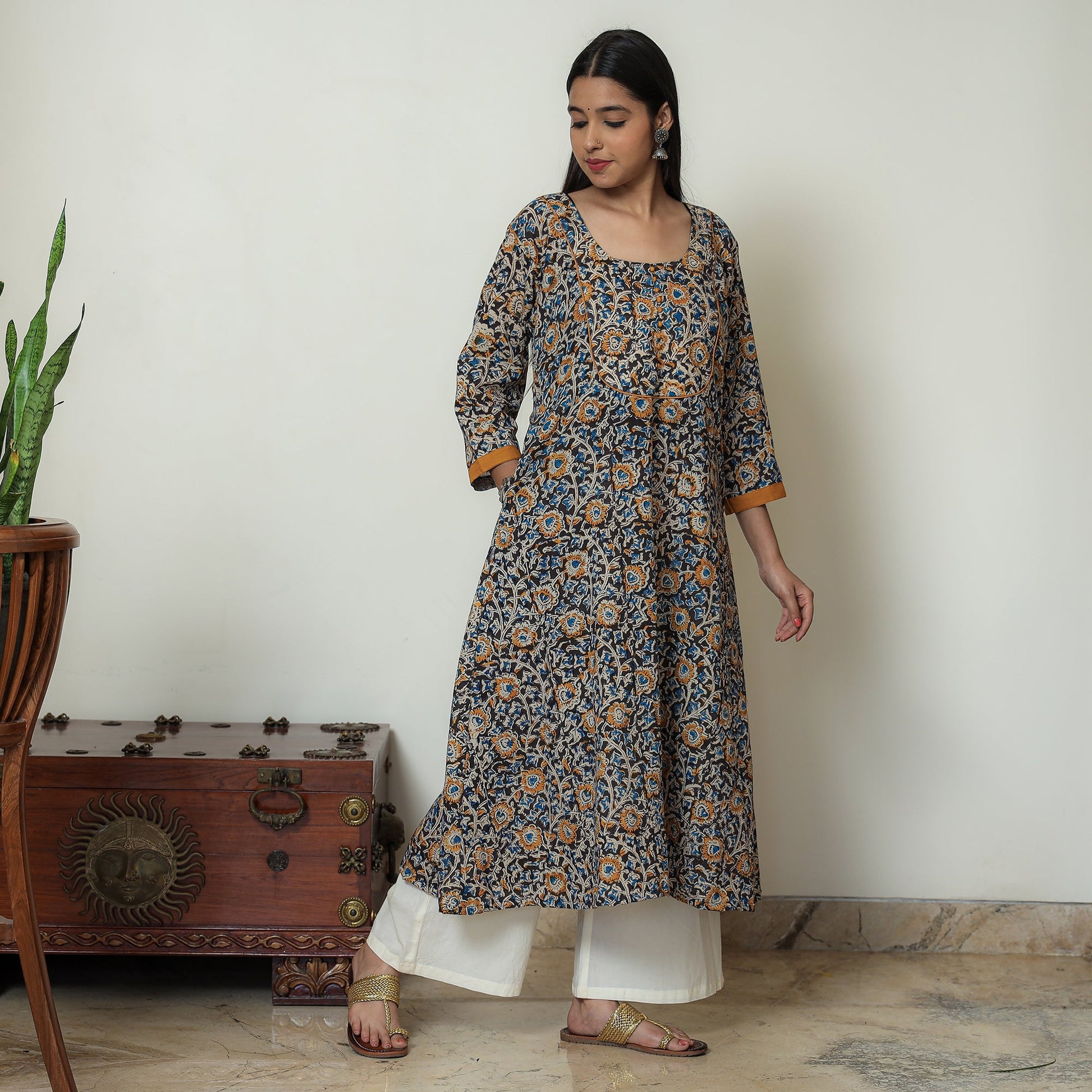 Black - Hand Block Print Cotton A-Line Kalamkari Kurta 18