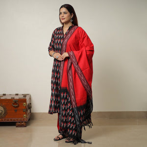 Black - Pochampally Ikat Weave Cotton Kurta with Palazzo & Dupatta Set 12
