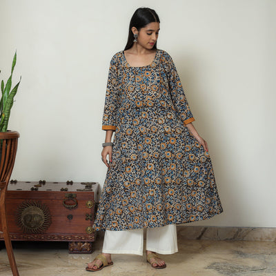 Black - Hand Block Print Cotton A-Line Kalamkari Kurta 18