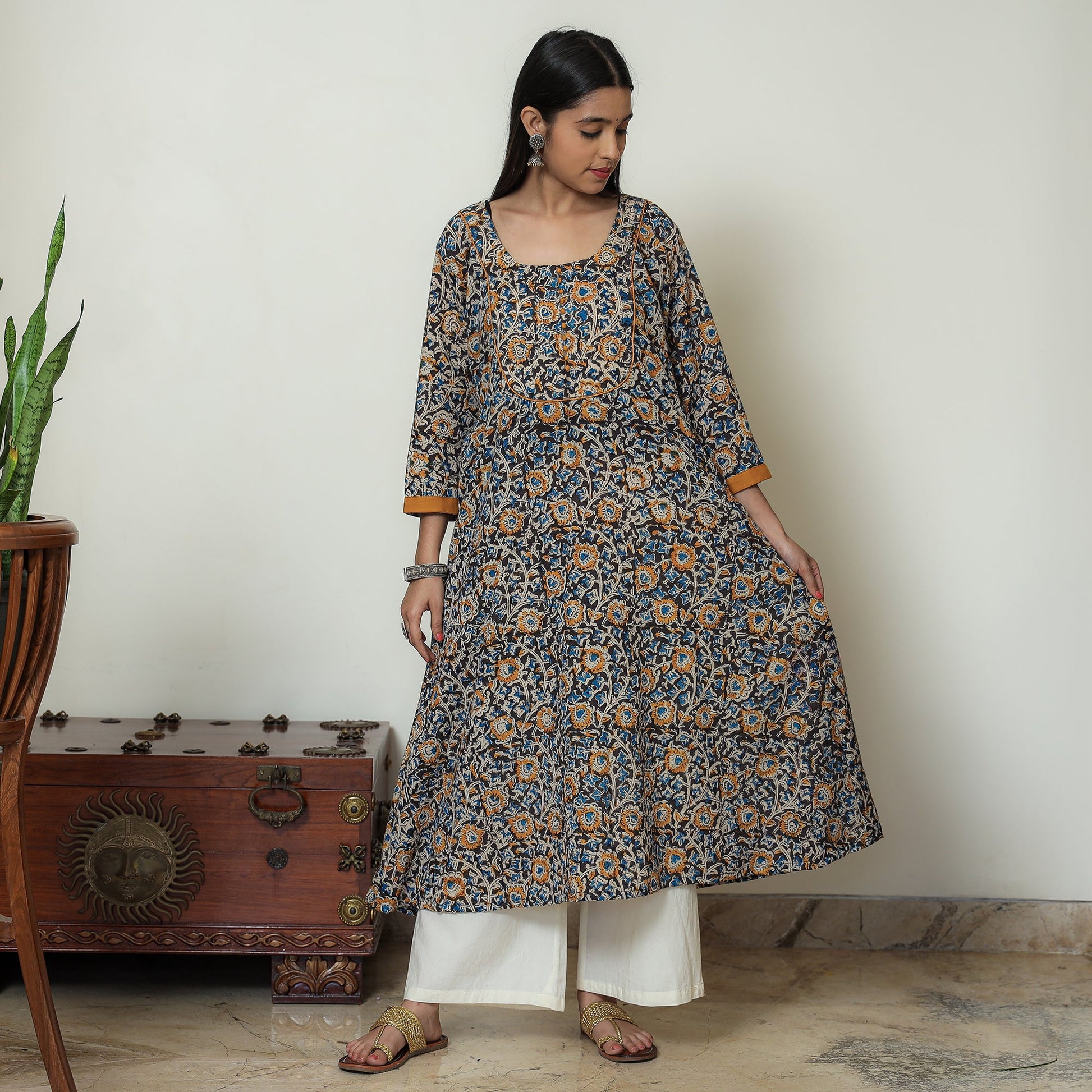 Black - Hand Block Print Cotton A-Line Kalamkari Kurta 18