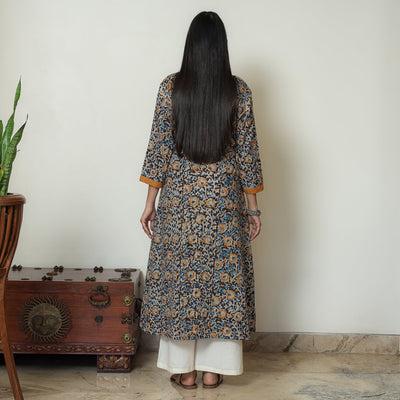 Black - Hand Block Print Cotton A-Line Kalamkari Kurta 18