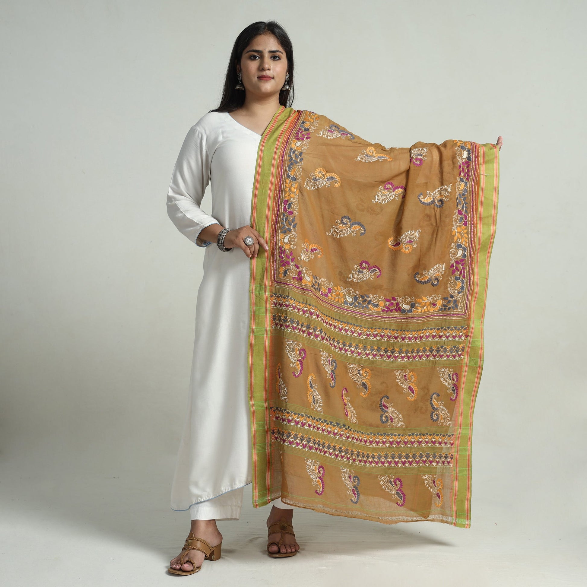 Brown - Bengal Kantha Embroidery Cotton Handloom Dupatta 120