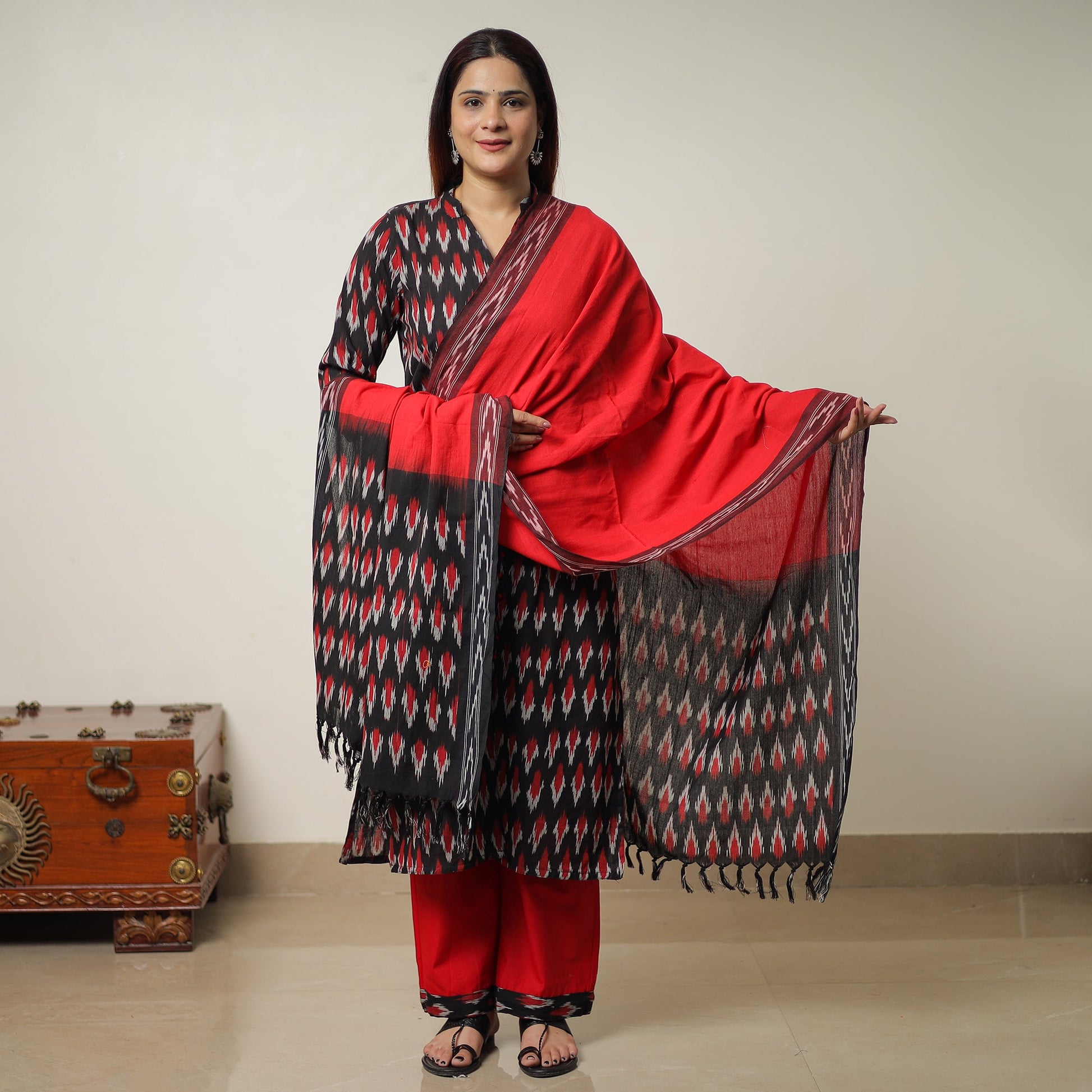 Black - Pochampally Ikat Weave Cotton Kurta with Palazzo & Dupatta Set 12