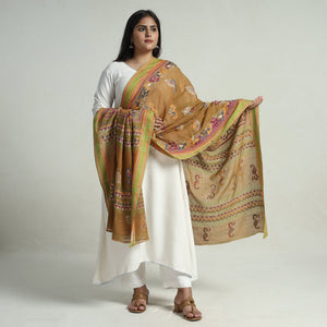 Brown - Bengal Kantha Embroidery Cotton Handloom Dupatta 120