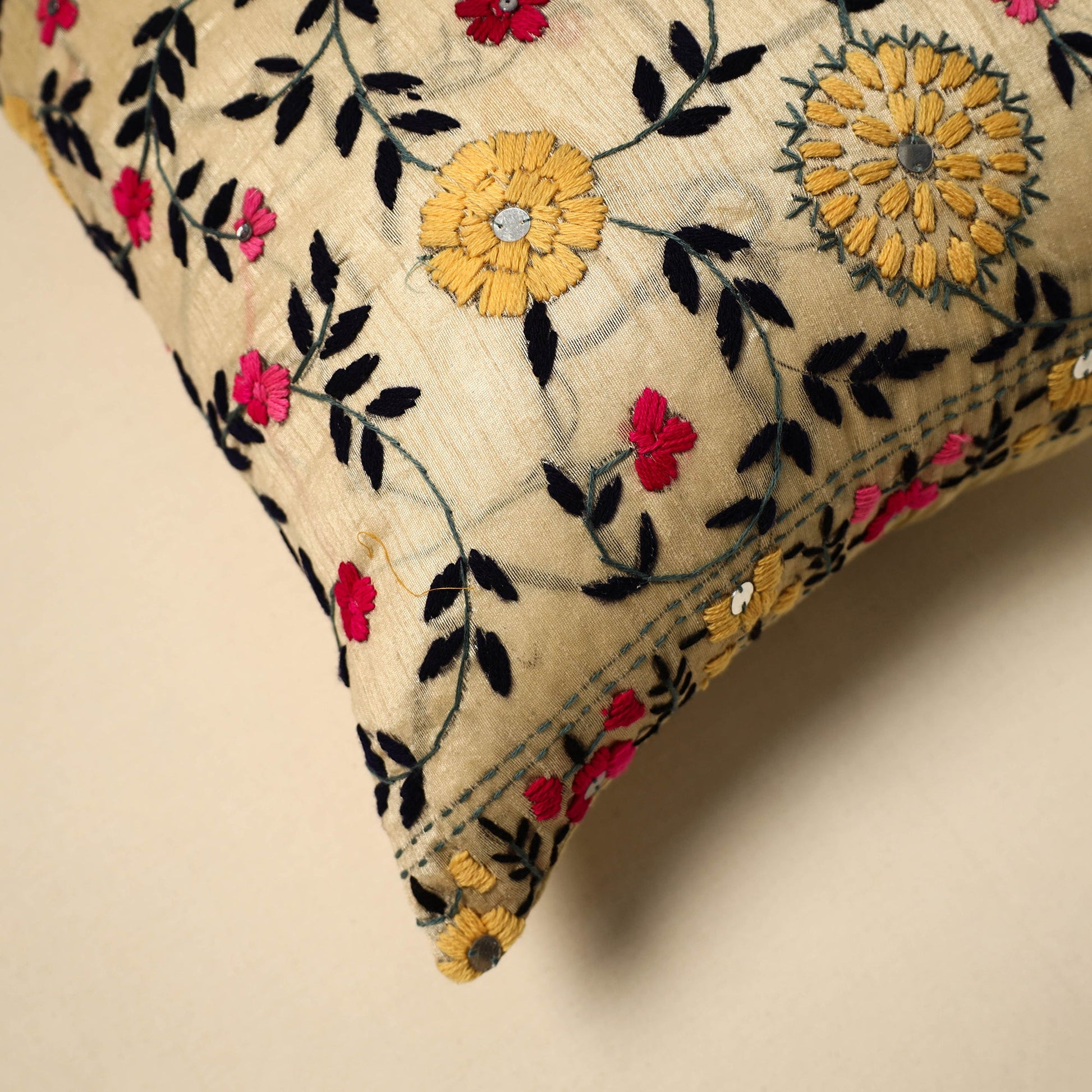 Beige - Silk Cotton Phulkari Embroidered Cushion Cover 01
